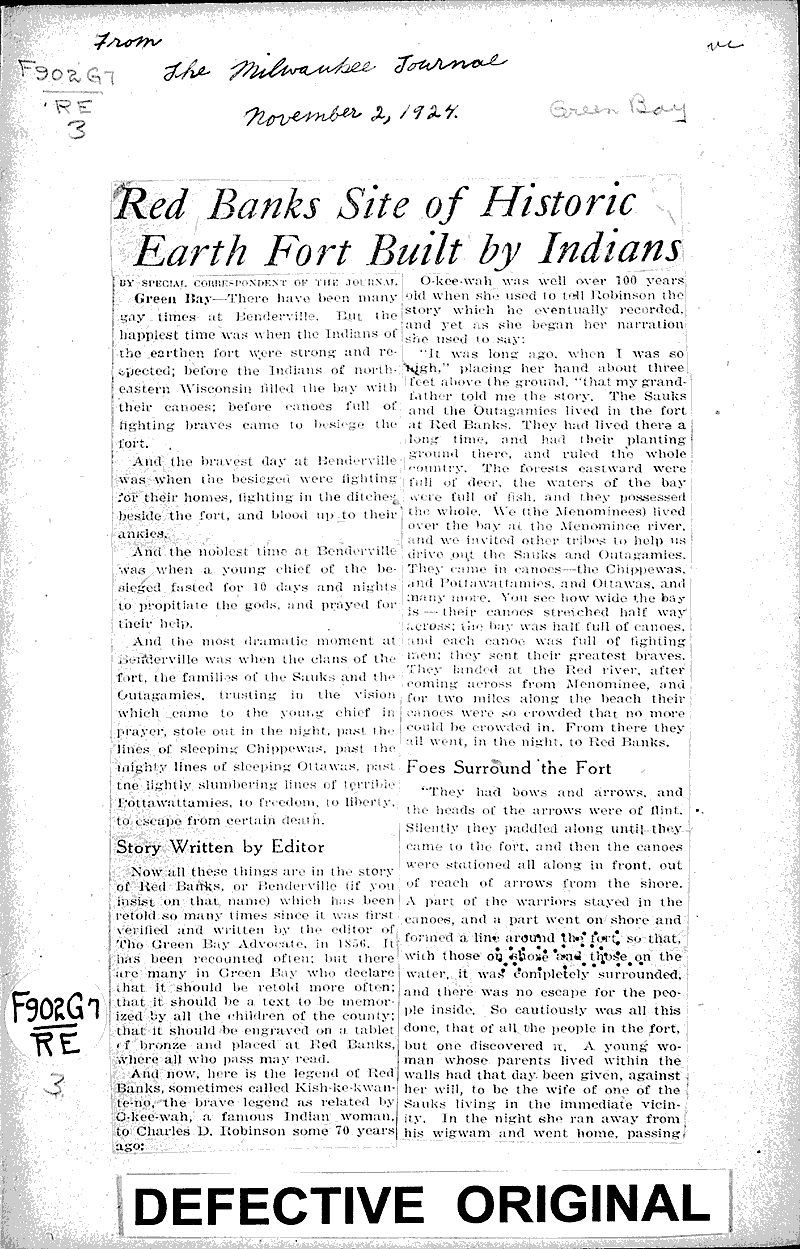 Red Banks site of historic earth Fort built by Indians Source: Milwaukee Journal Topics: Indians and Native Peoples Date: 1924-11-02