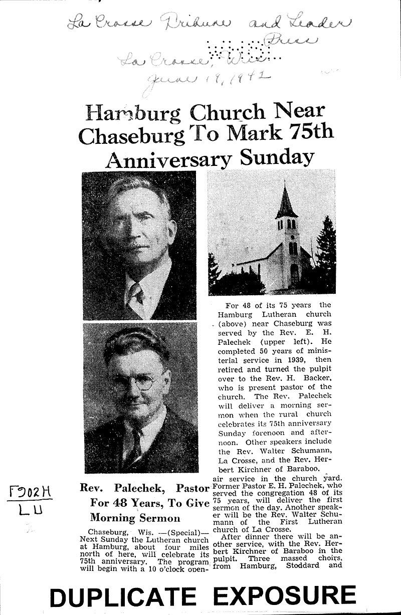 Hamburg church near Chaseburg to mark 75th anniversary Sunday Source: La Crosse Tribune and Leader-Press Topics: Church History Date: 1941-06-19