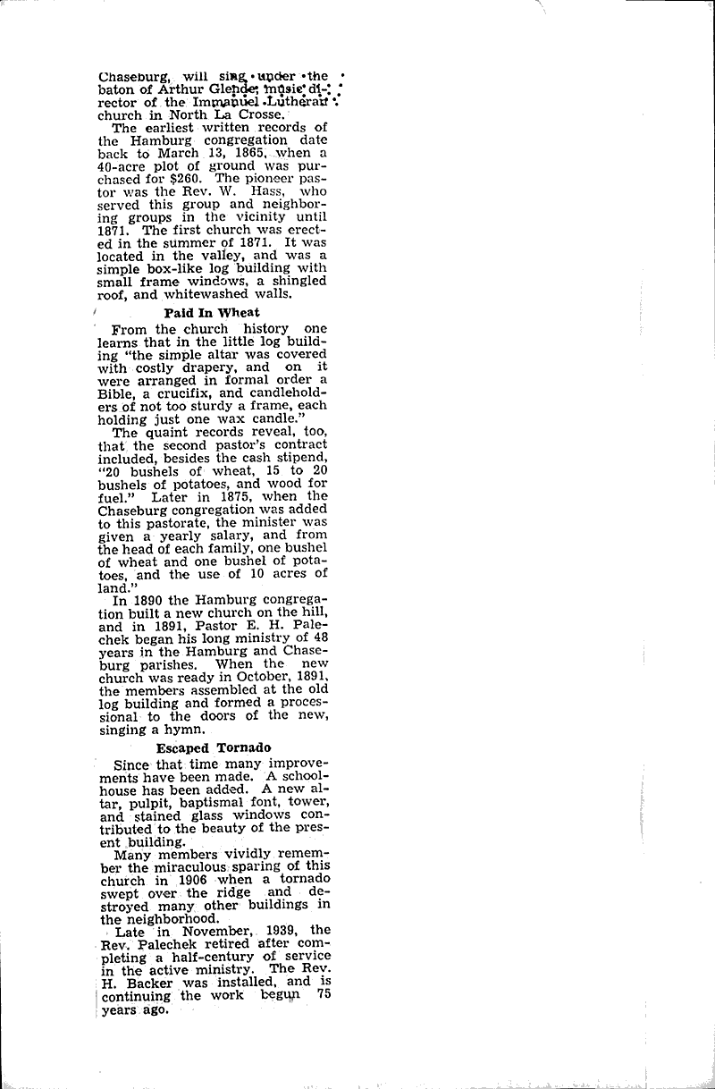 Hamburg church near Chaseburg to mark 75th anniversary Sunday Source: La Crosse Tribune and Leader-Press Topics: Church History Date: 1941-06-19