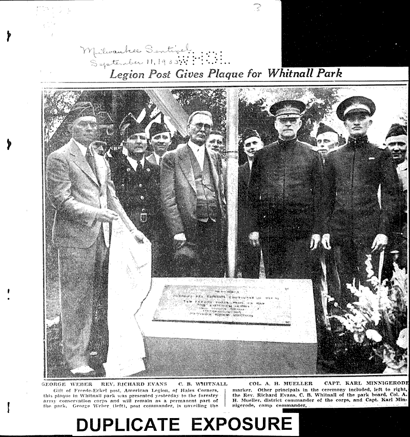 Legion post gives plaque for whitnall park Source: Milwaukee Sentinel Topics: Architecture Date: 1933-09-11