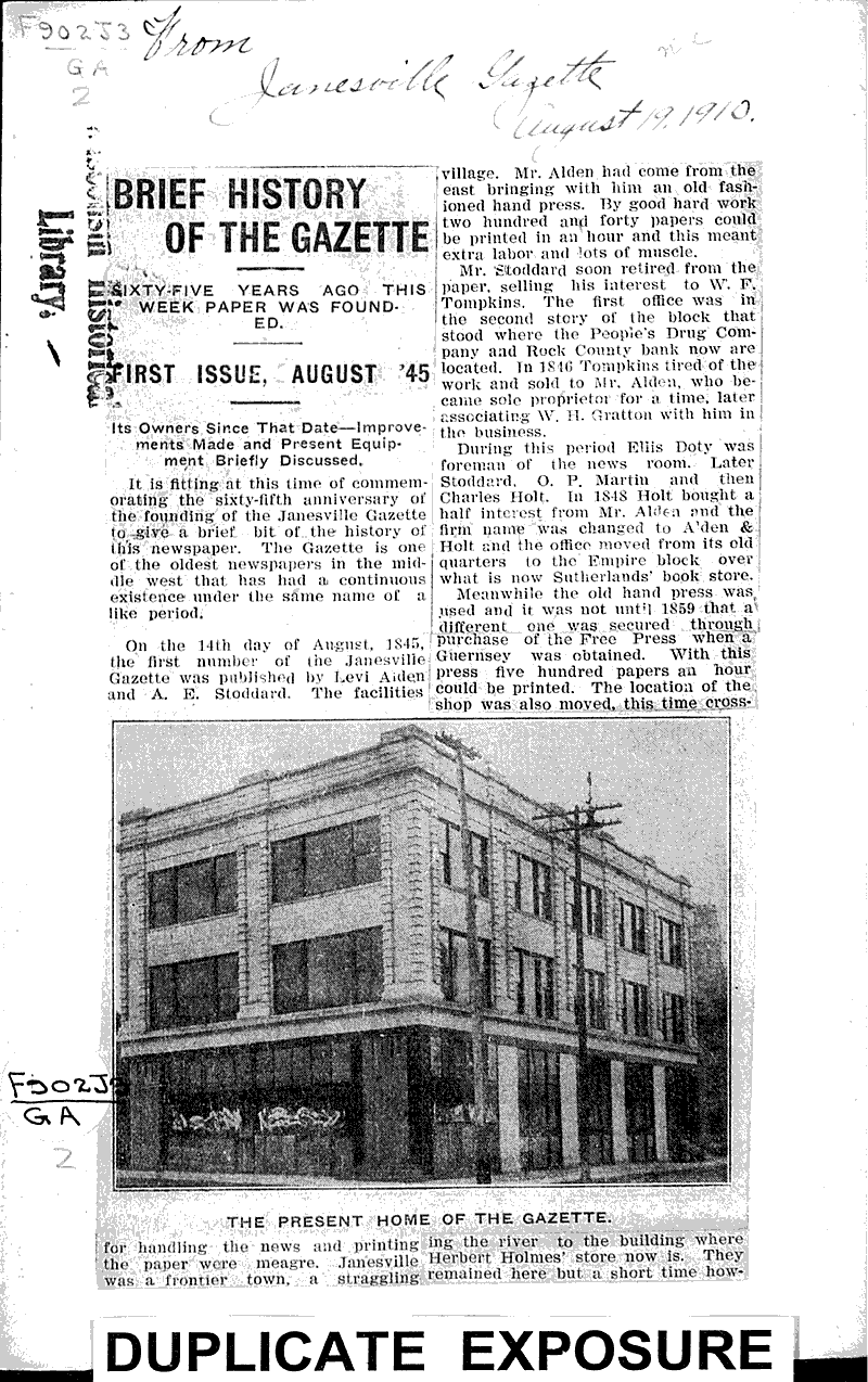 Brief history of the Gazette Source: Janesville Gazette Date: 1910-08-19