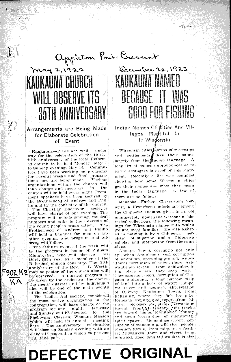  Source: Appleton Post-Crescent Topics: Church History Date: 1922-05-02