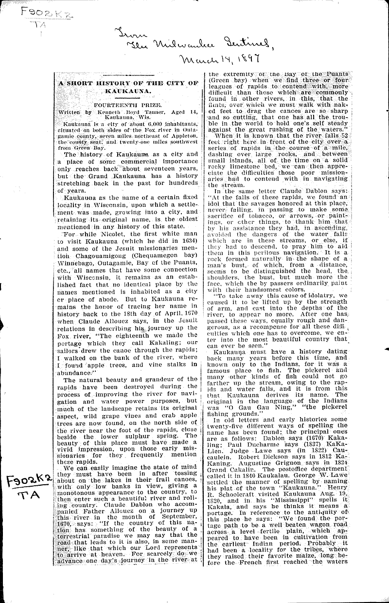 A short history of the city of Kaukauna Newspaper Article/Clipping