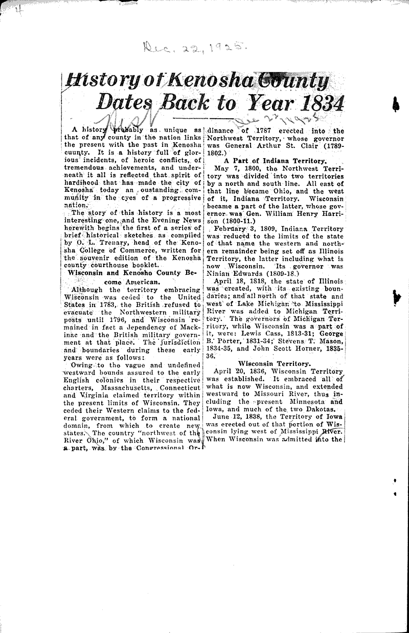 History of Kenosha County dates back to year 1834 Newspaper Article