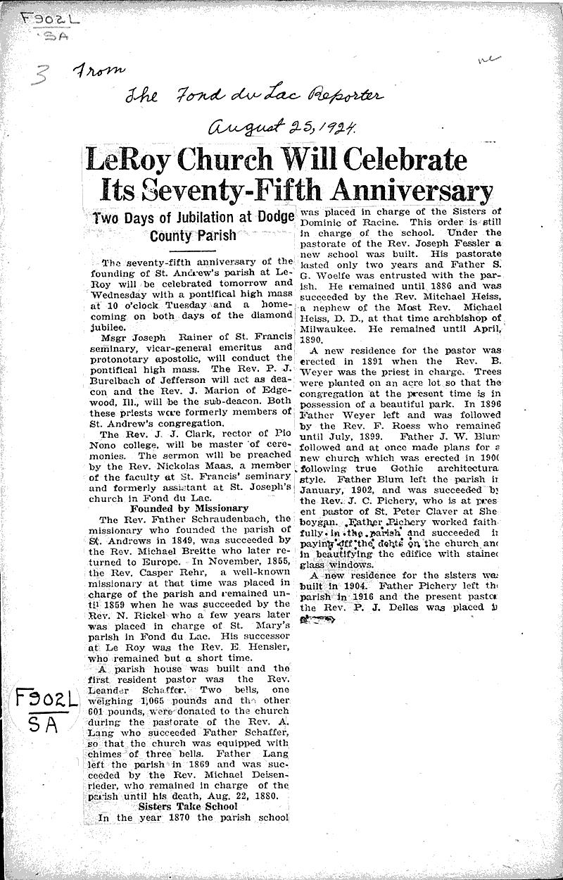  Source: Fond du Lac Daily Reporter Topics: Church History Date: 1924-08-25