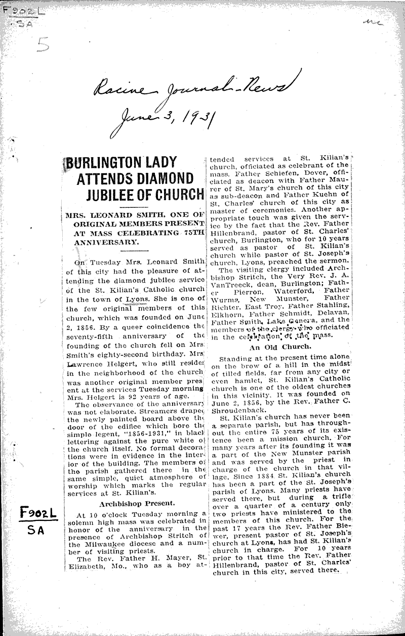  Source: Racine Journal-News Topics: Church History Date: 1931-06-03