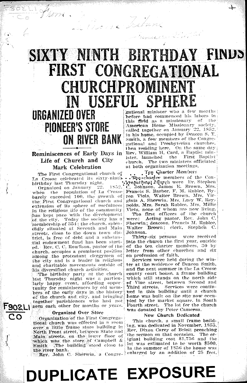  Source: La Crosse Tribune Topics: Church History Date: 1920-01-25
