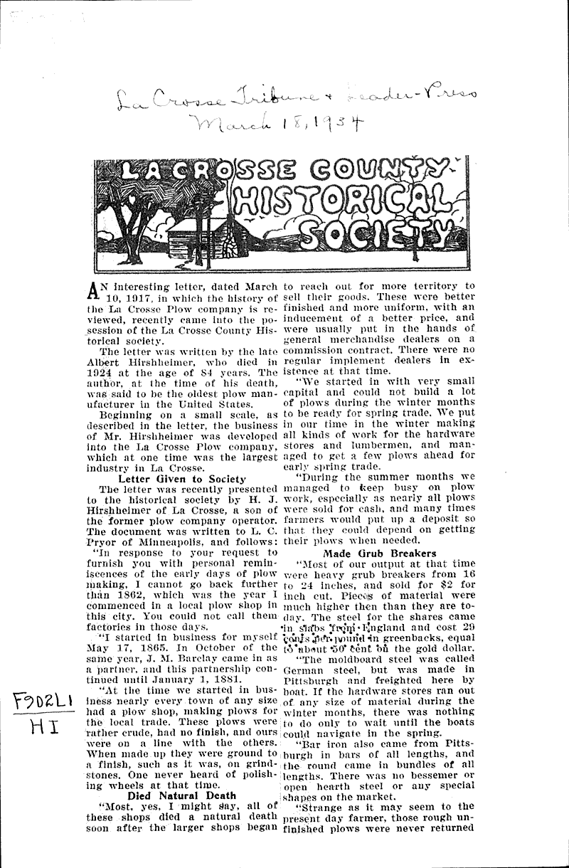  Source: La Crosse Tribune and Leader-Press Topics: Industry Date: 1934-03-18