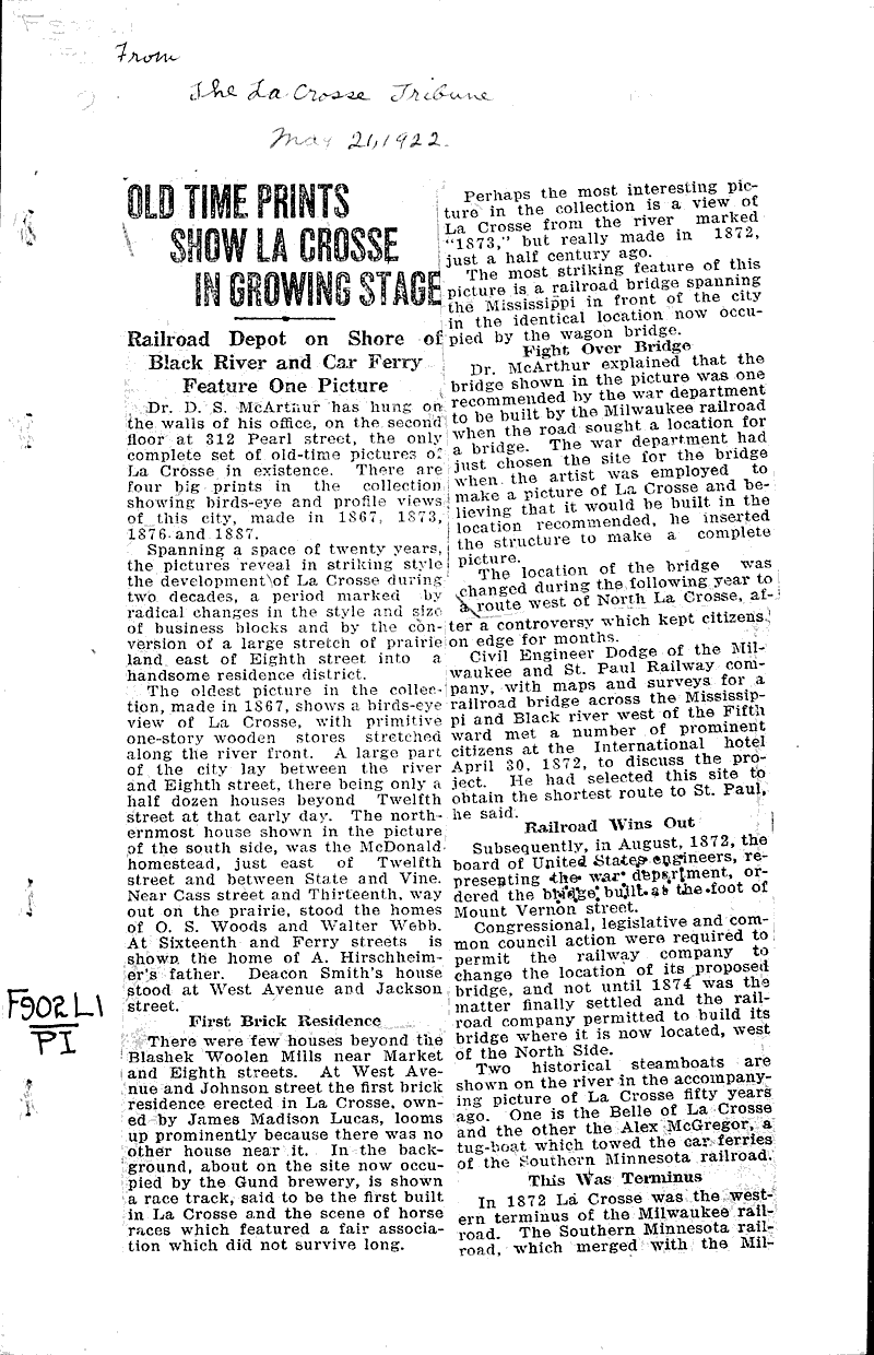 Source: La Crosse Tribune Topics: Transportation Date: 1922-05-21