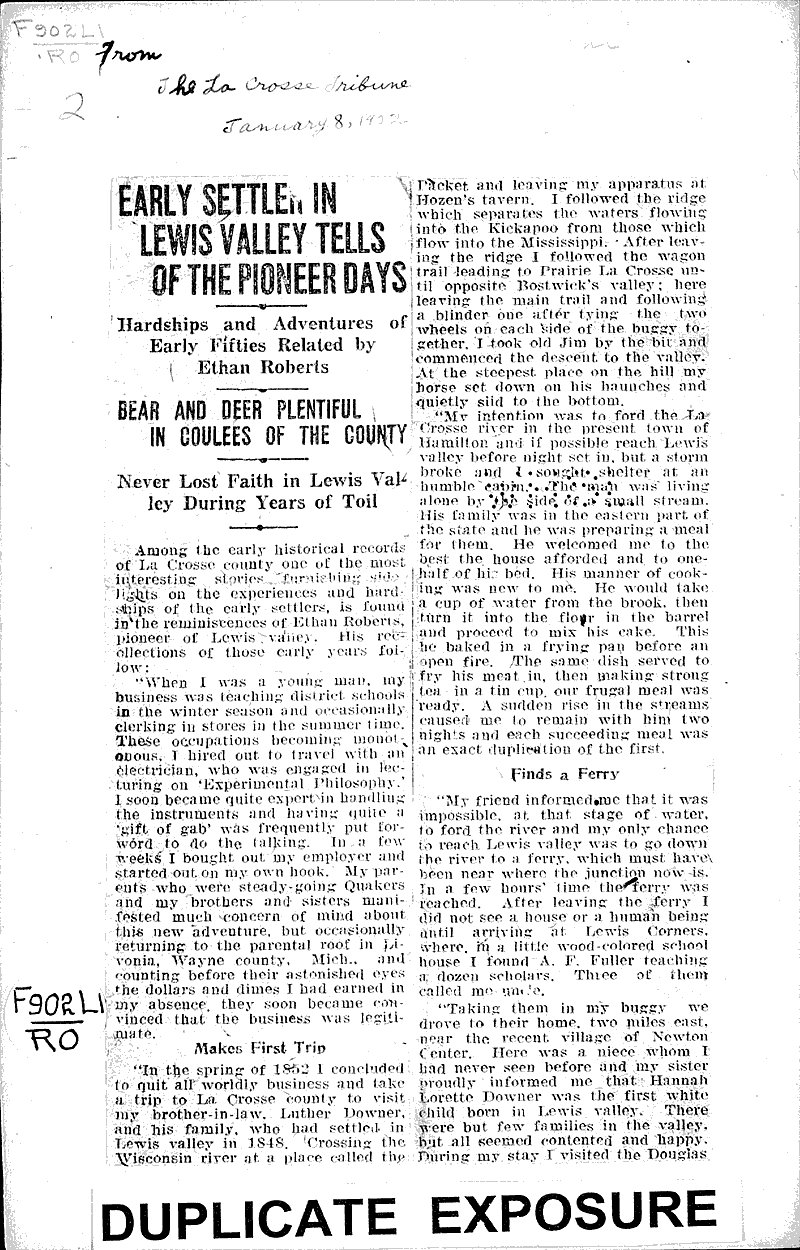 Early settler in Lewis valley tells of the pioneer days Source: La Crosse Tribune Topics: Government and Politics Date: 1922-01-08