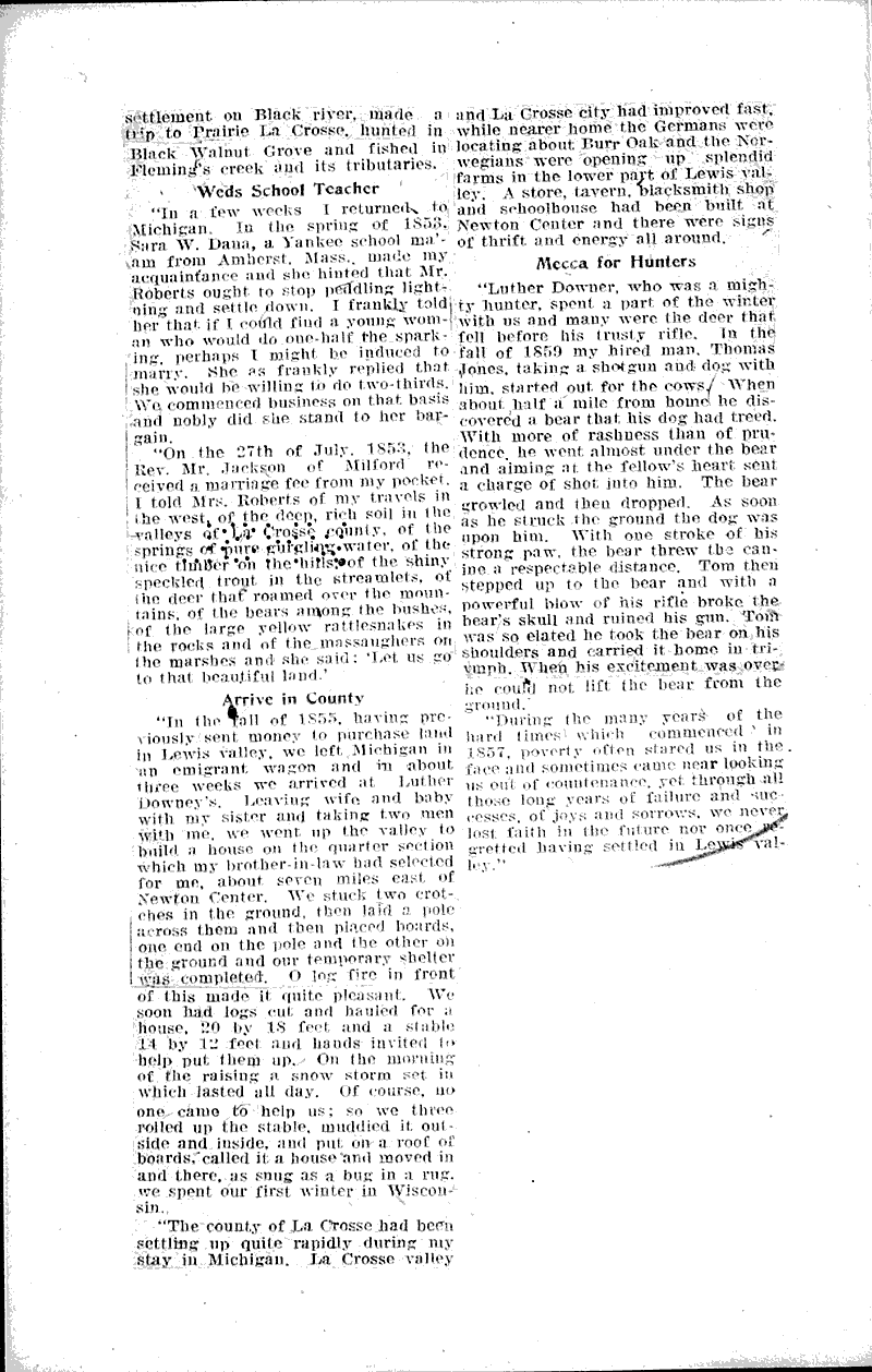 Early settler in Lewis valley tells of the pioneer days Source: La Crosse Tribune Topics: Government and Politics Date: 1922-01-08