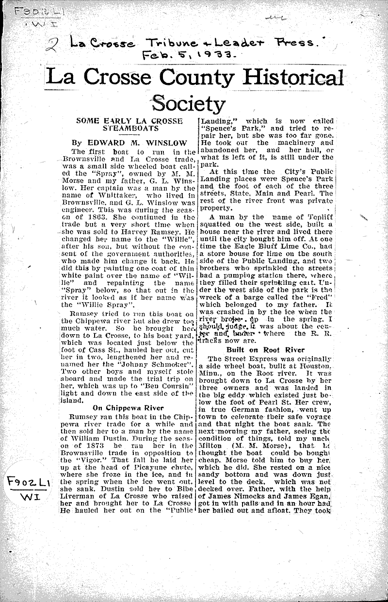 La Crosse County Historical Society Source: La Crosse Tribune and Leader-Press Topics: Education Date: 1933-02-05