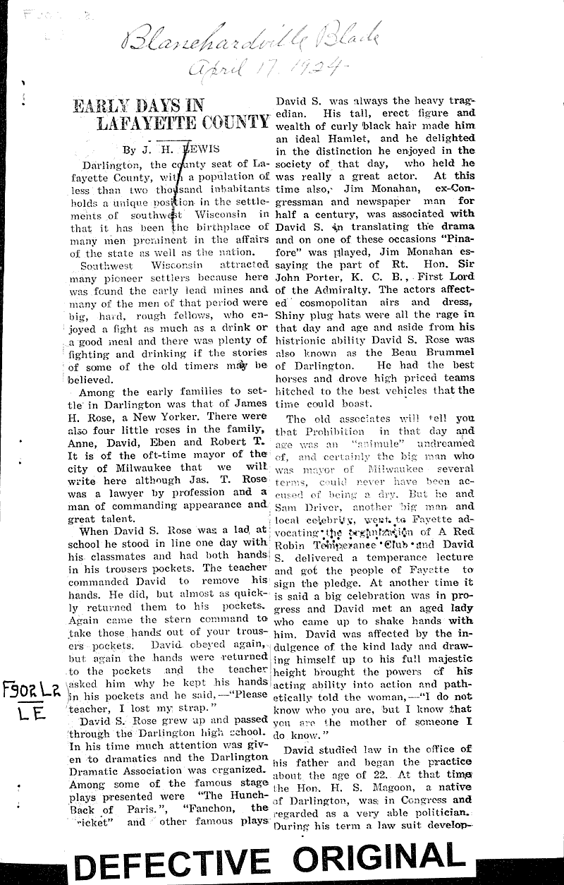 Early days in Lafayette County Newspaper Article/Clipping Wisconsin