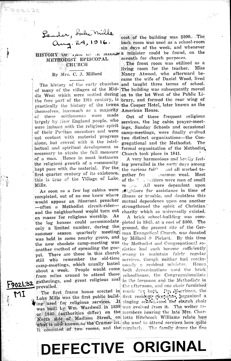  Source: Lake Mills Leader Topics: Church History Date: 1916-08-24