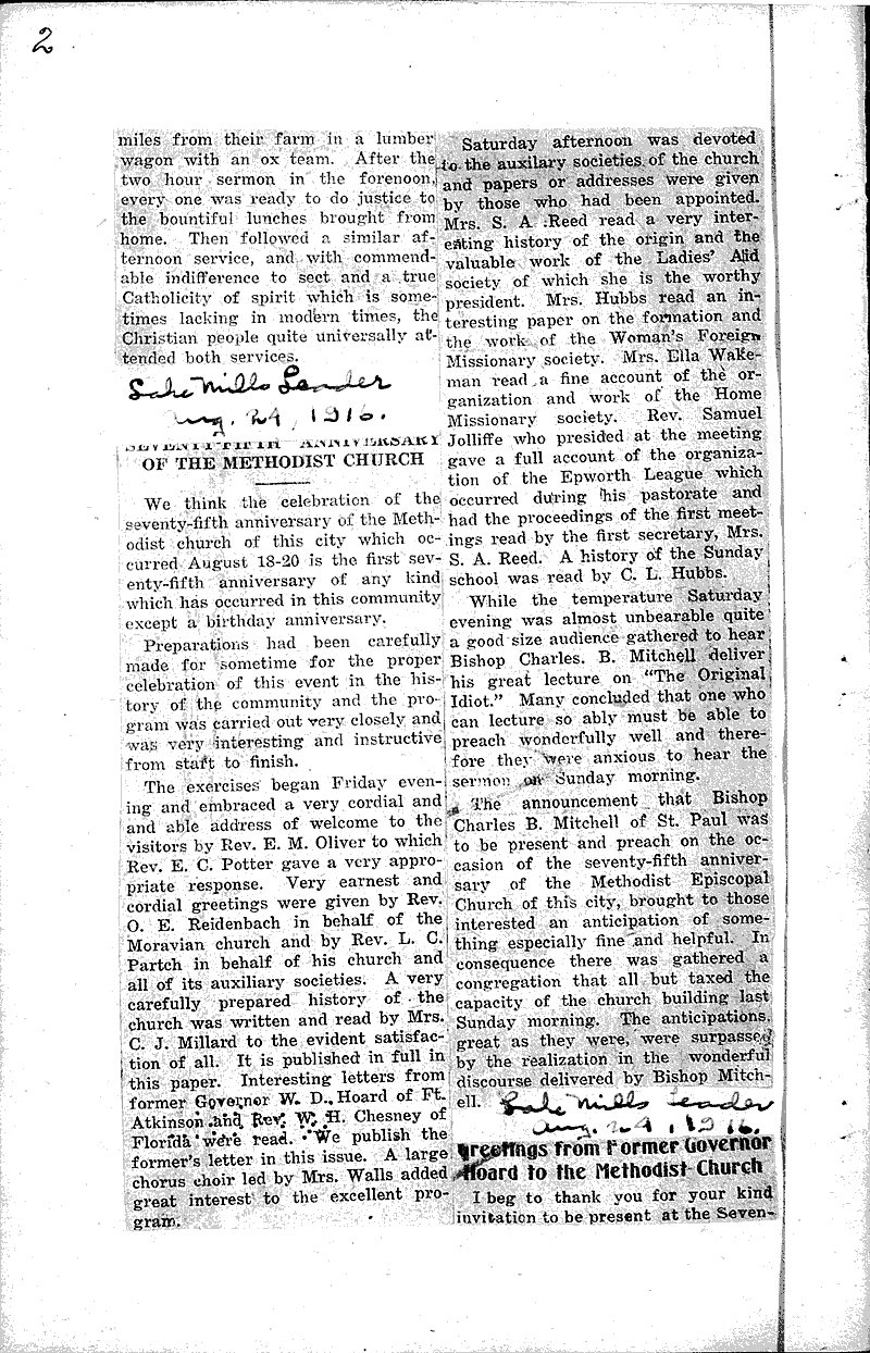  Source: Lake Mills Leader Topics: Church History Date: 1916-08-24