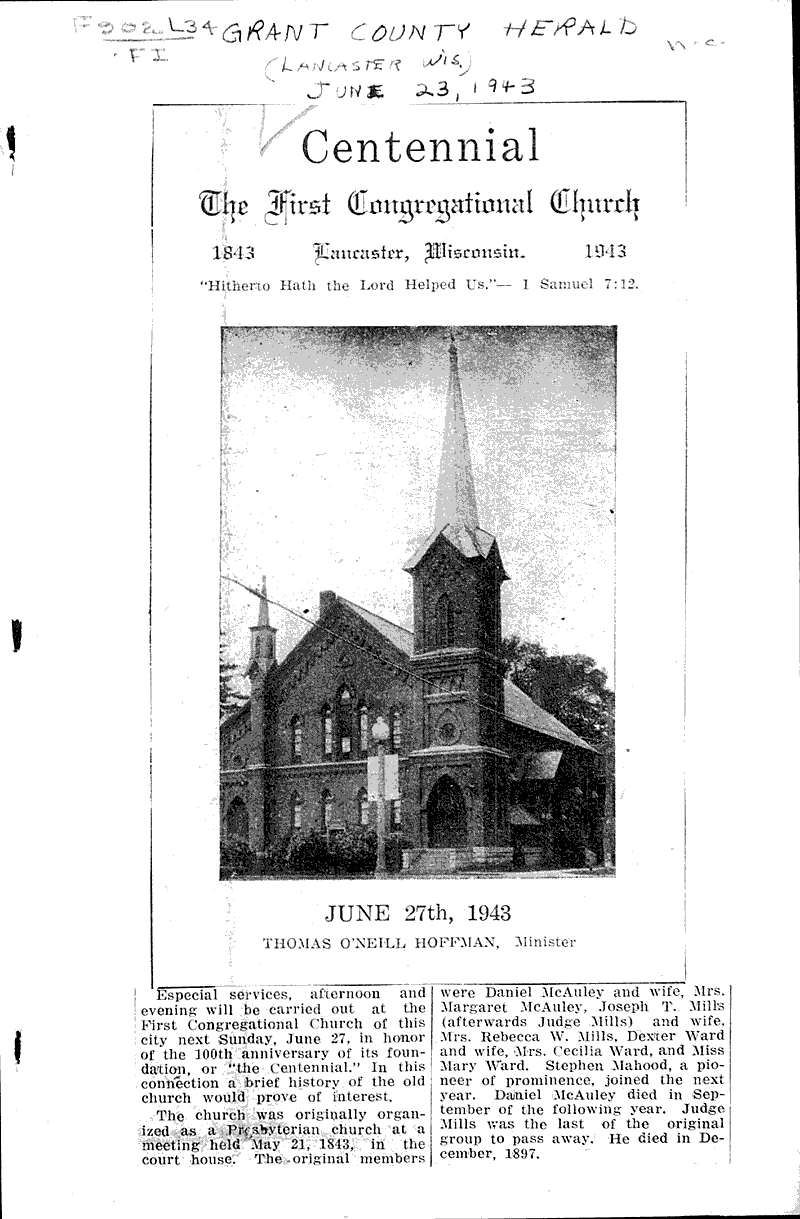 Centennial: The First Congregational Church Source: Grant County Herald Topics: Church History Date: 1943-06-23