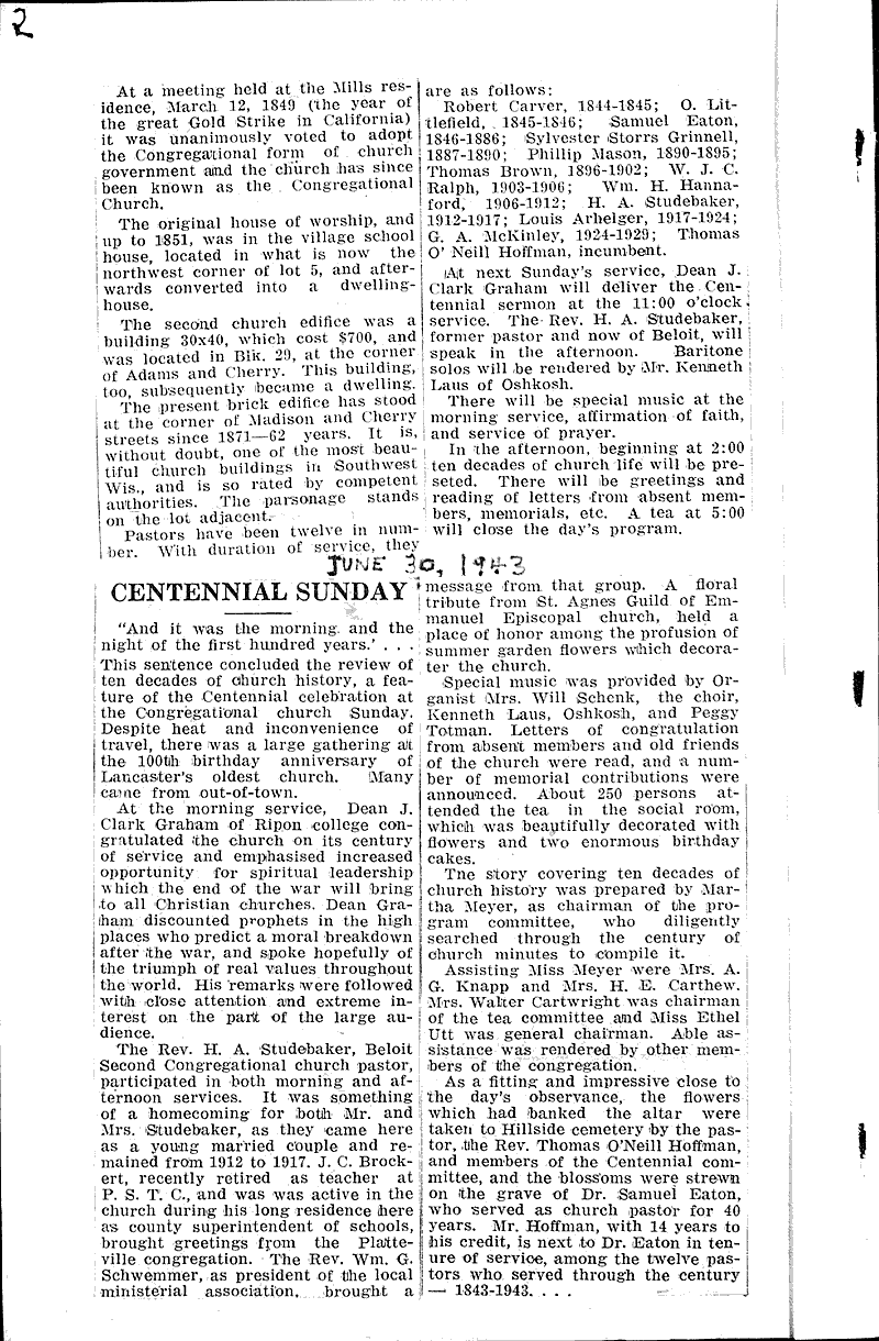 Centennial: The First Congregational Church Source: Grant County Herald Topics: Church History Date: 1943-06-23