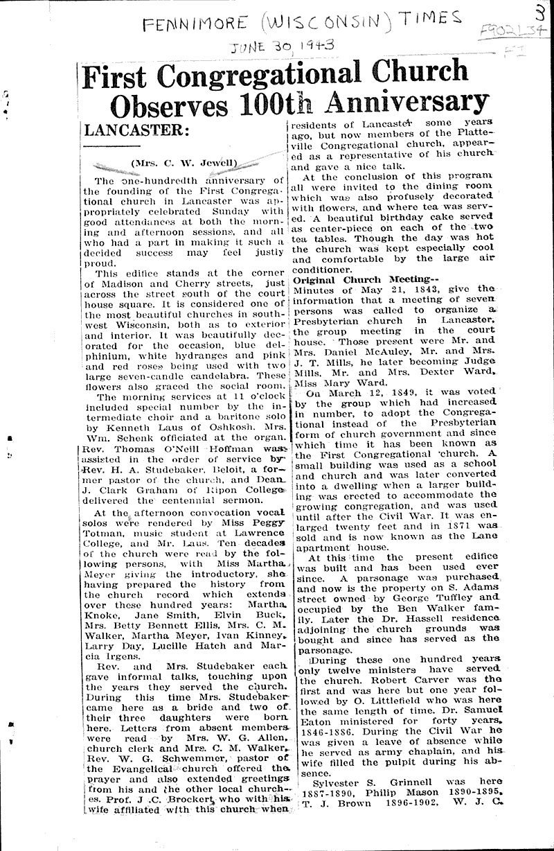 Centennial: The First Congregational Church Source: Grant County Herald Topics: Church History Date: 1943-06-23