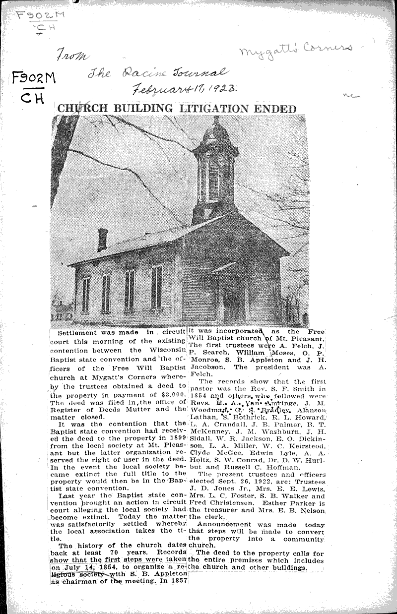  Source: Racine Journal Topics: Church History Date: 1923-02-17