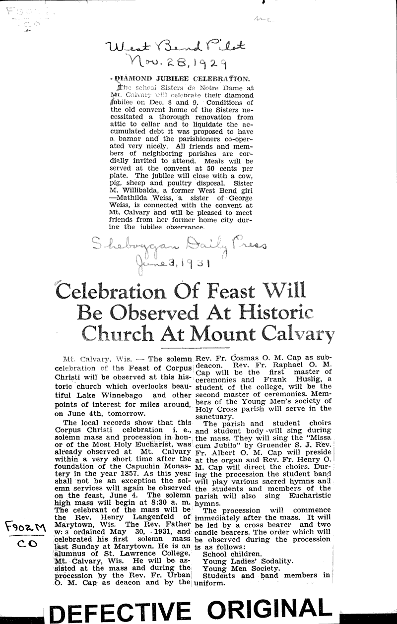  Source: West Bend Pilot Topics: Church History Date: 1929-11-28
