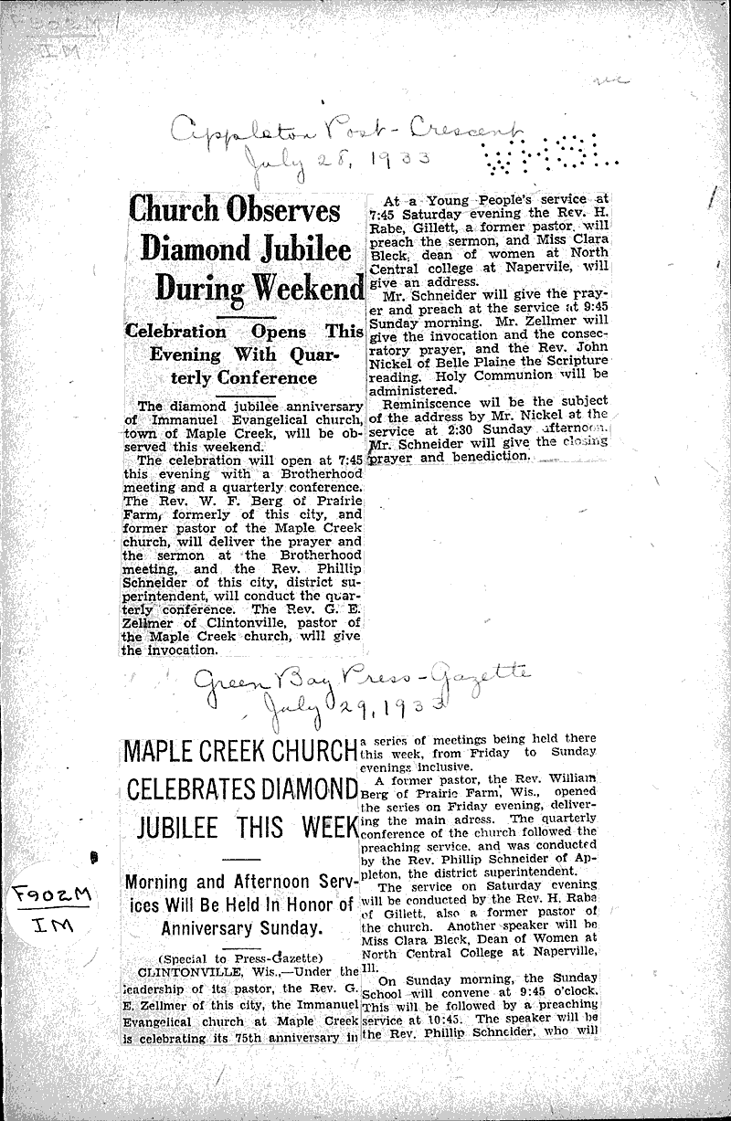 Church observes diamond jubilee during weekend Source: Appleton Post-Crescent Topics: Church History Date: 1933-07-28