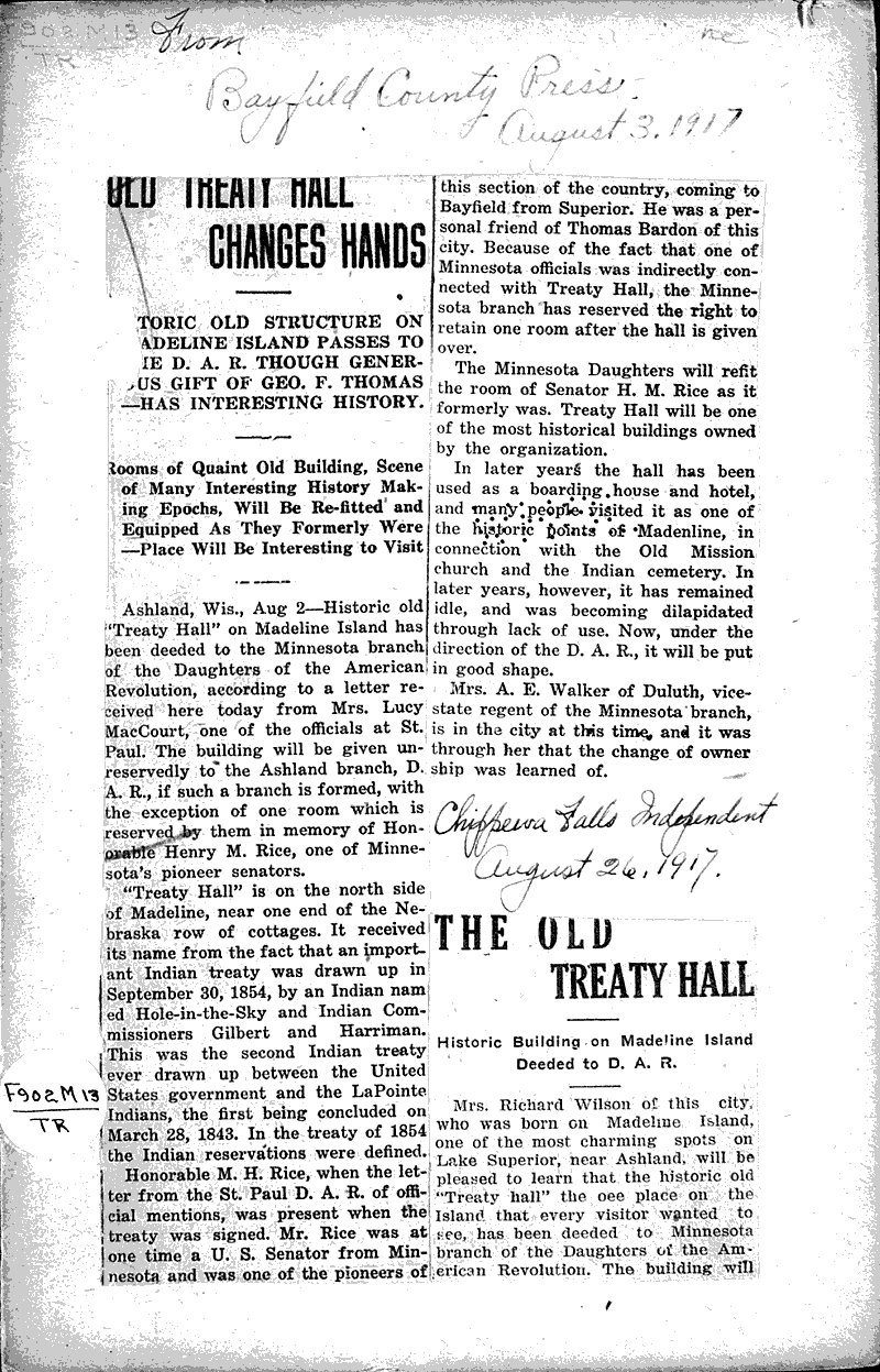 Old Treaty Hall changes hands Source: Bayfield County Press Topics: Architecture Date: 1917-08-03