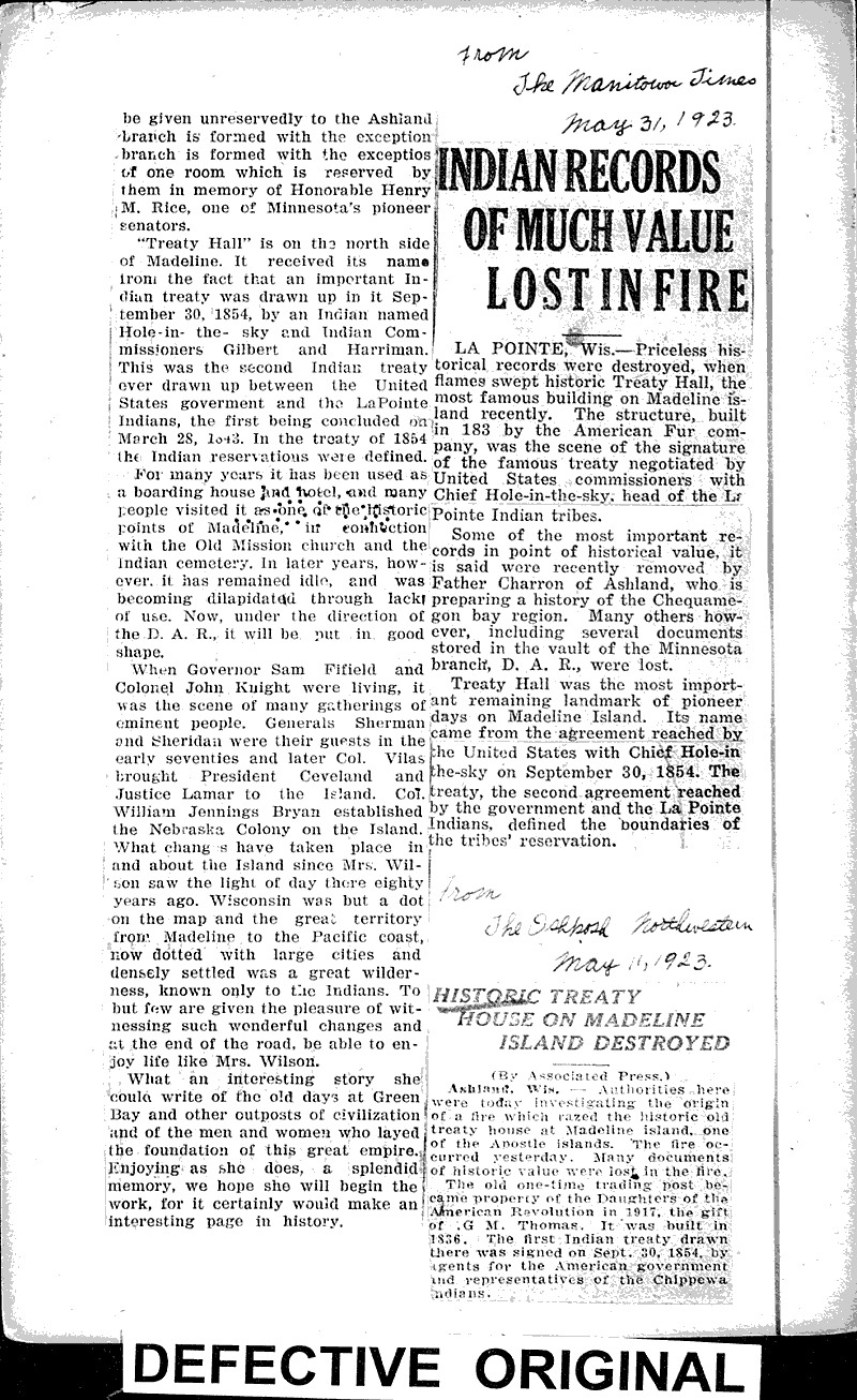 Old Treaty Hall changes hands Source: Bayfield County Press Topics: Architecture Date: 1917-08-03