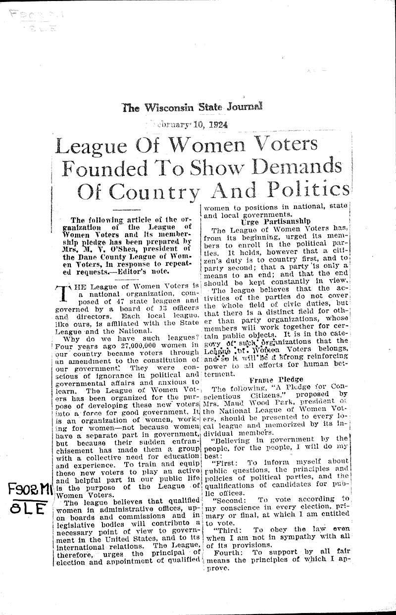  Source: Wisconsin State Journal Topics: Social and Political Movements Date: 1924-02-10