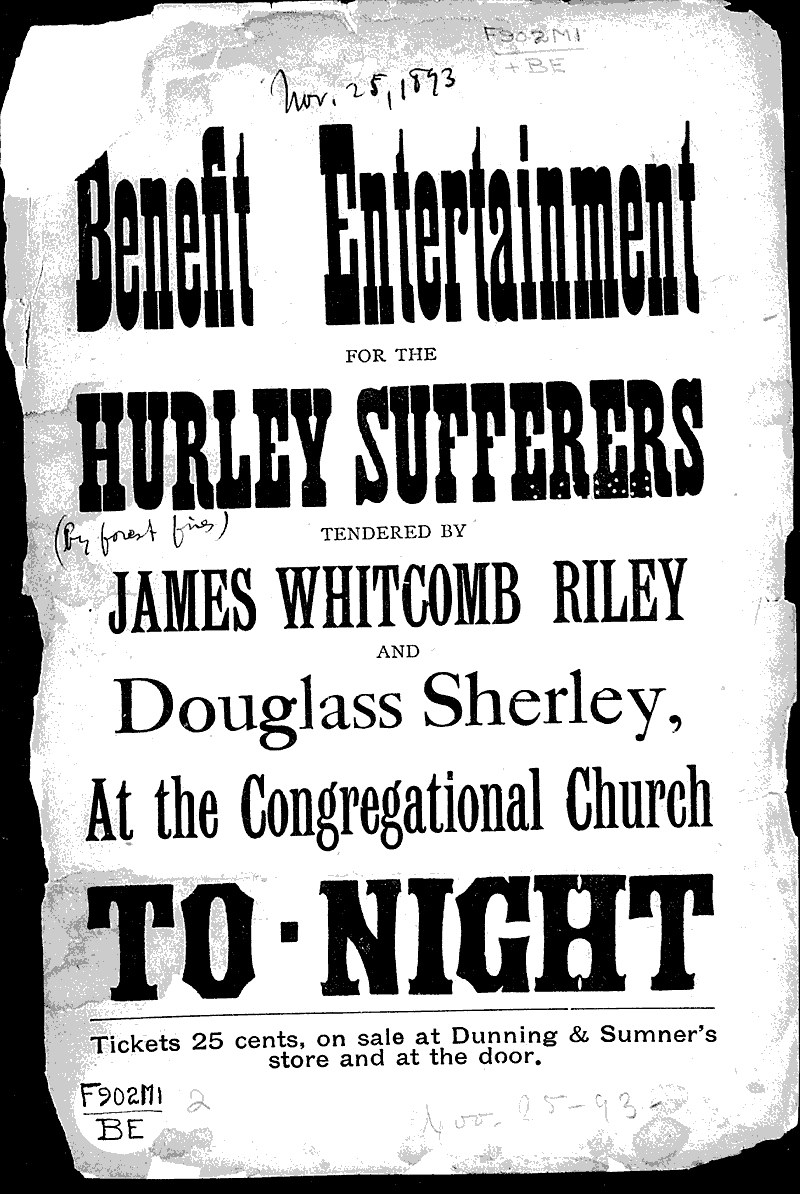 Benefit entertainment for the Hurley Sufferers Topics: Church History Date: 1893-11-25