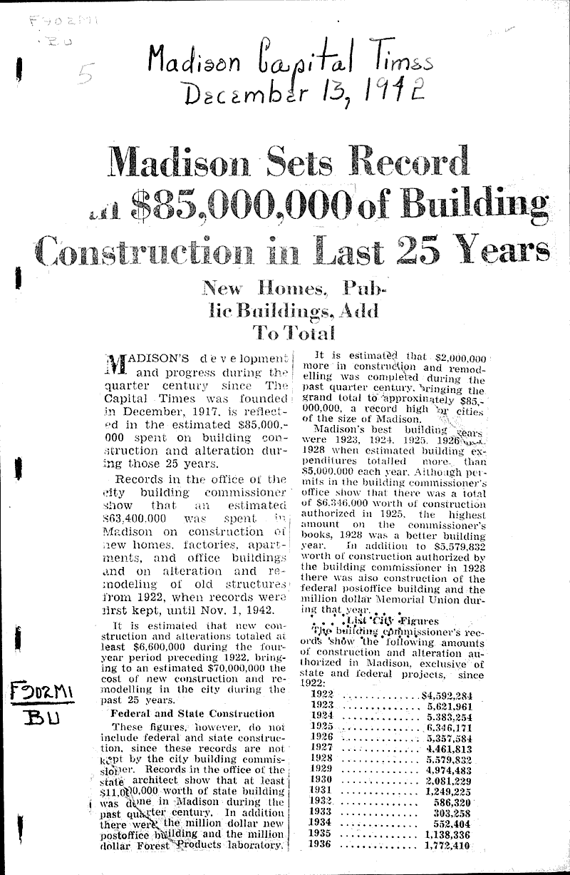  Source: Madison Capital Times Topics: Architecture Date: 1942-12-13