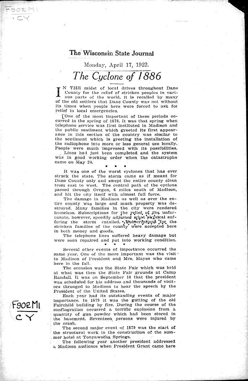 The cyclone of 1886 Source: Wisconsin State Journal Topics: Immigrants Date: 1922-04-17