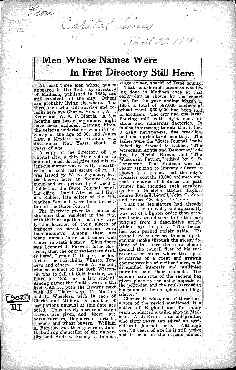  Source: Capital Times Date: 1918-04-22