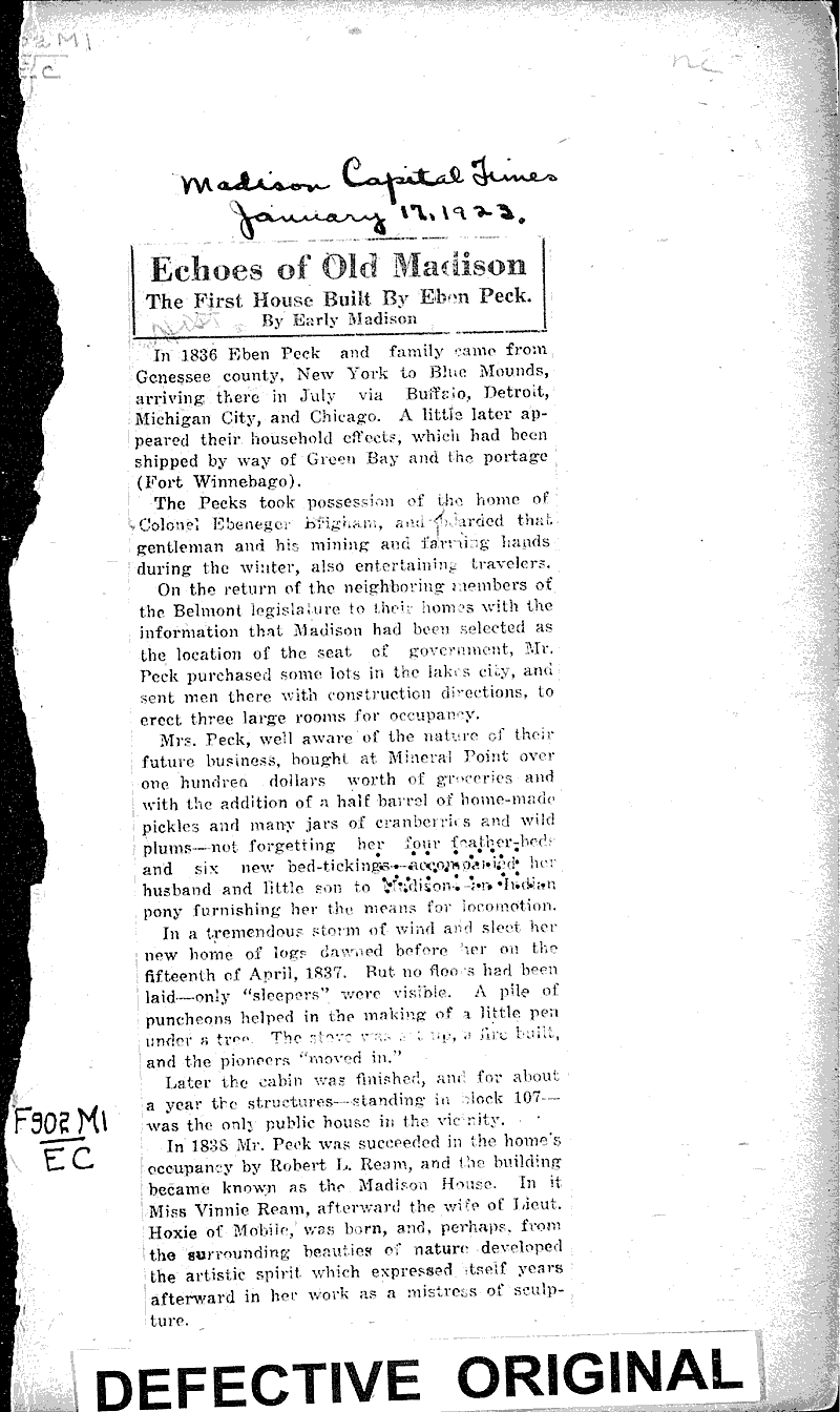 The first house built by Eben Peck Source: Madison Capital Times Topics: Architecture Date: 1923-01-17