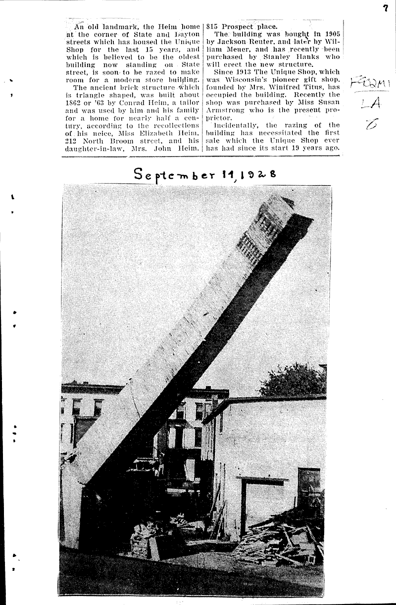 Historic buliding to be razed tomorrow Topics: Architecture Date: 1928-03-20