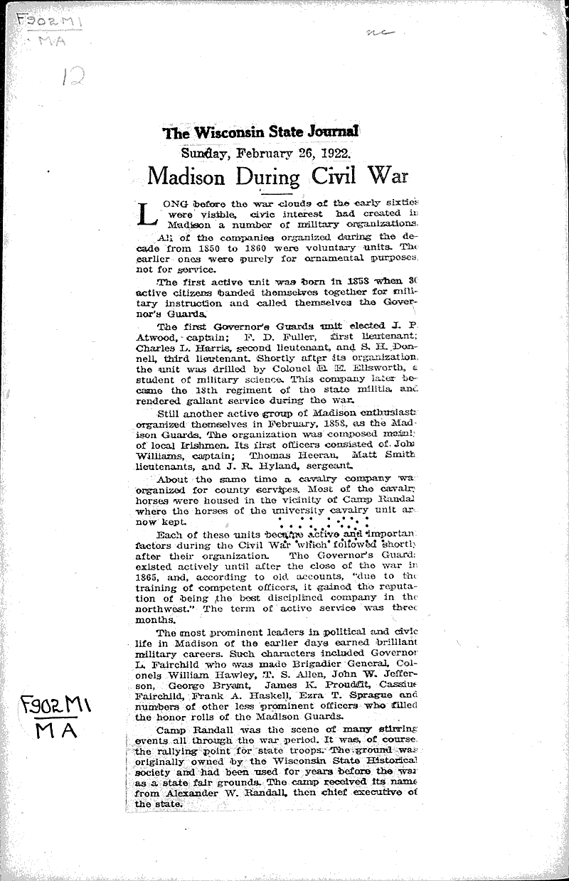  Source: Wisconsin State Journal Topics: Civil War Date: 1922-02-26