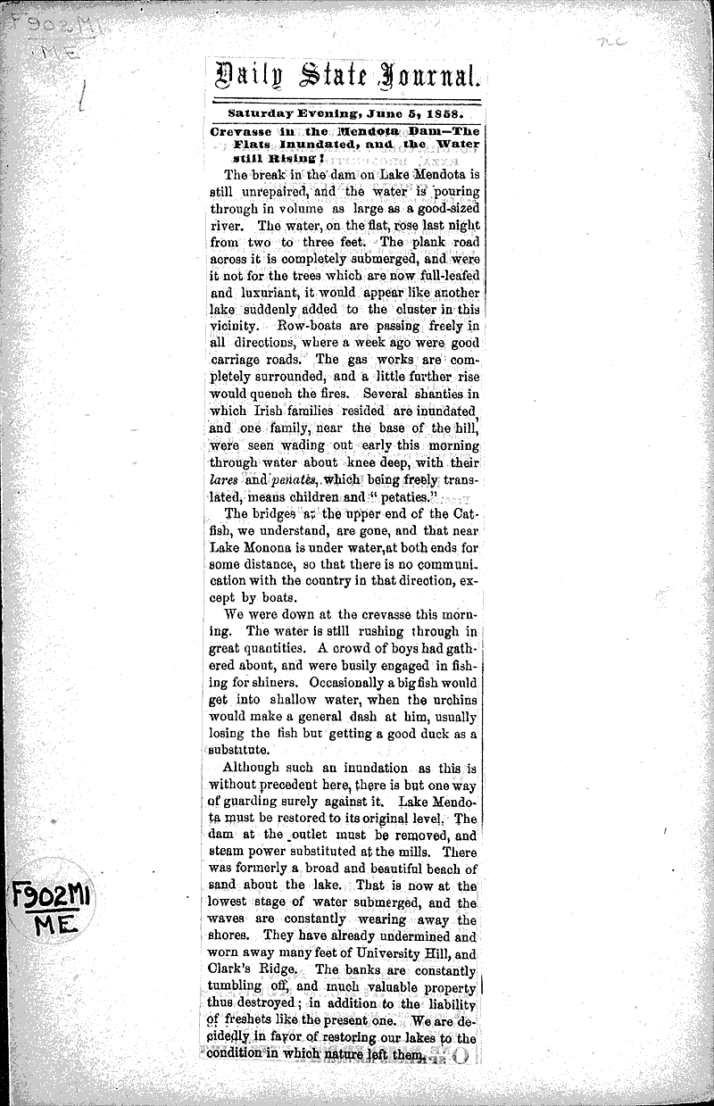 Crevasse in the Mendota Dam Source: Wisconsin State Journal Date: 1858-06-05