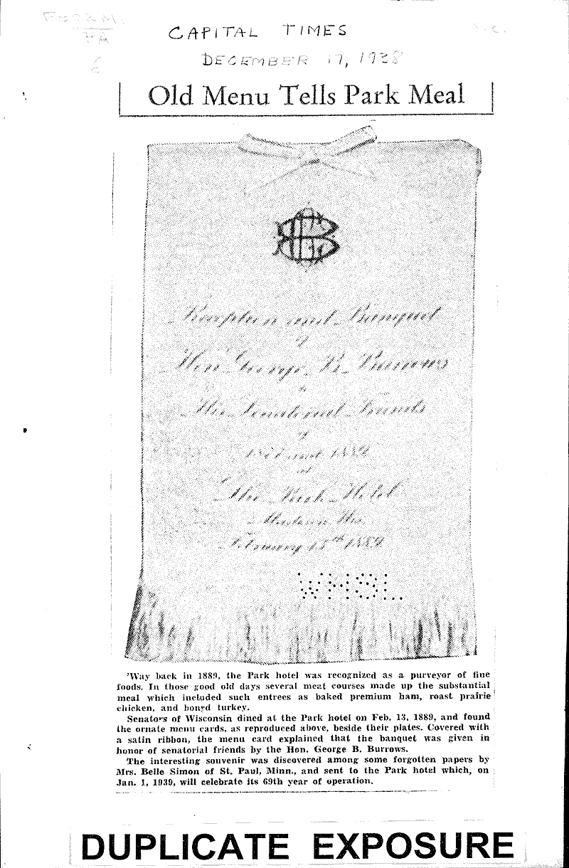 Old menu tell park meal Source: Madison Capital Times Date: 1938-12-17