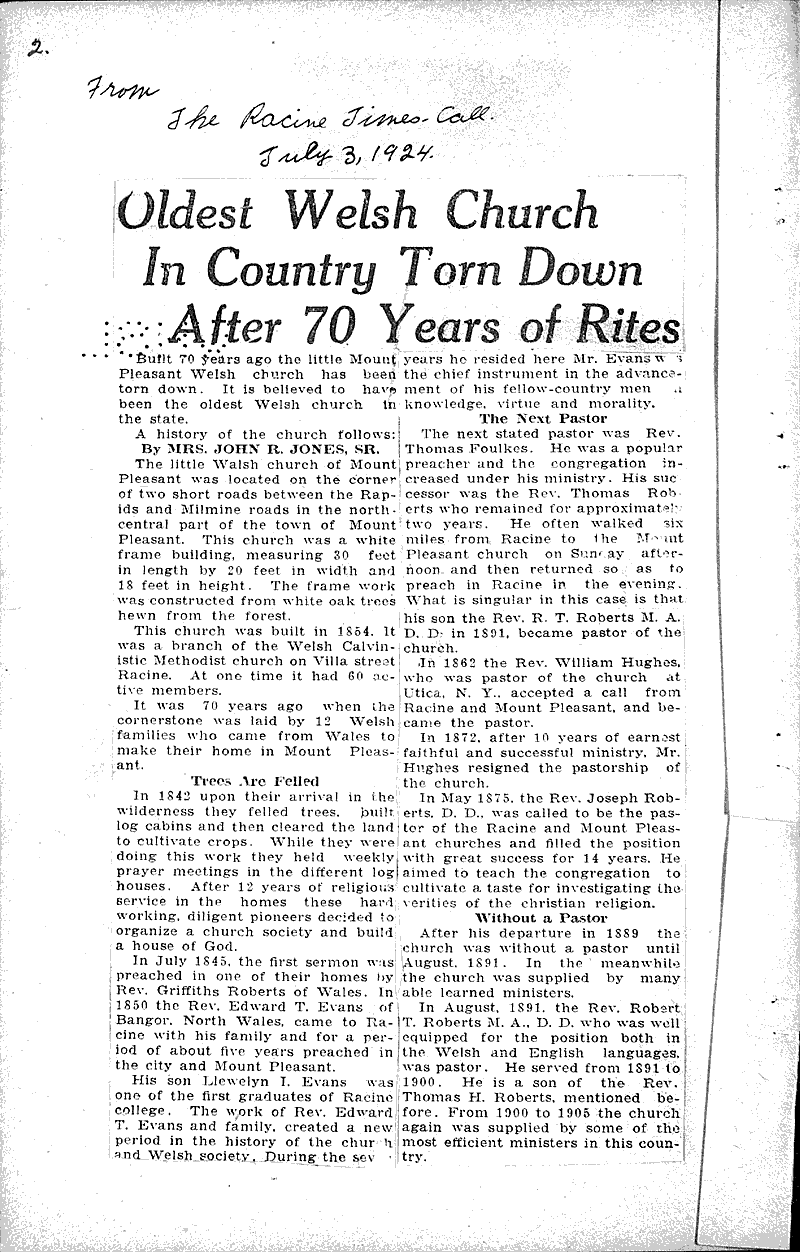  Source: Racine Times Call Topics: Church History Date: 1924-07-03