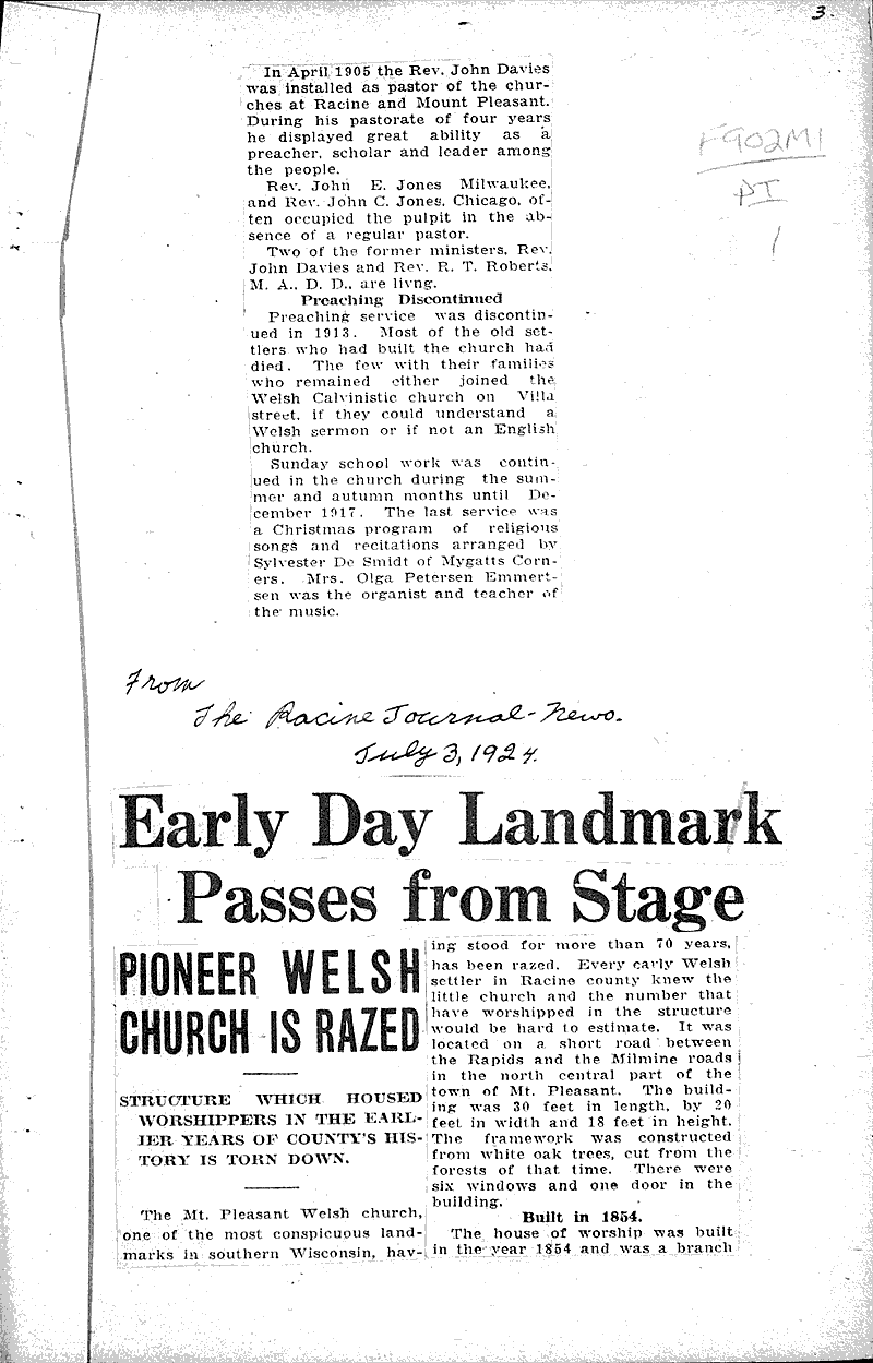  Source: Racine Times Call Topics: Church History Date: 1924-07-03