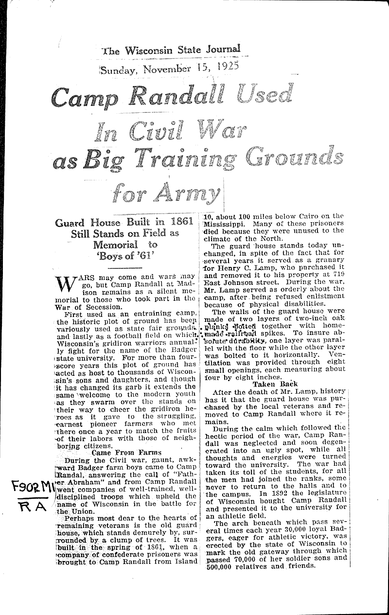  Source: Wisconsin State Journal Topics: Civil War Date: 1925-11-15
