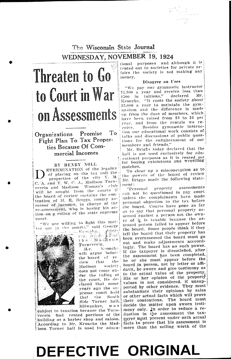 Threaten to go to court in war on assessments Source: Wisconsin State Journal Topics: Government and Politics Date: 1924-11-19