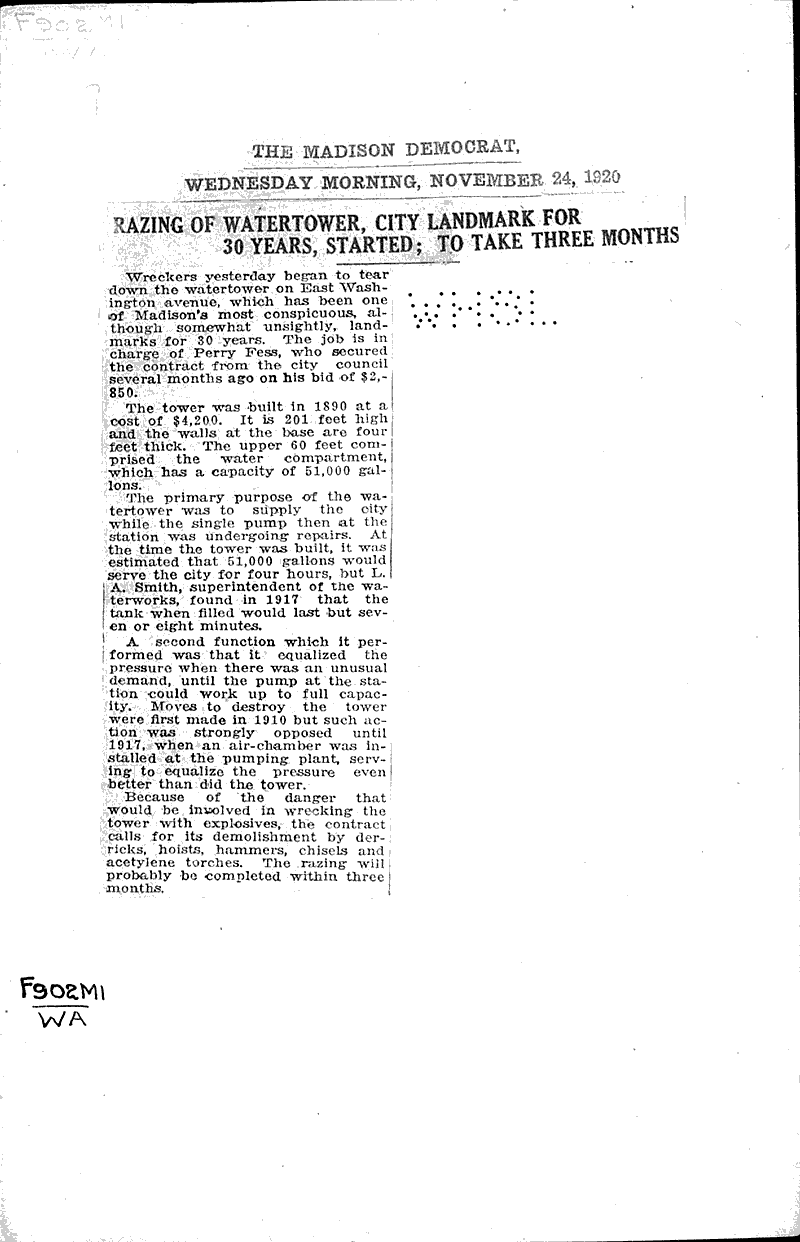 Razing of watertower, city landmark for 30 years, started Source: Madison Democrat Date: 1920-11-24