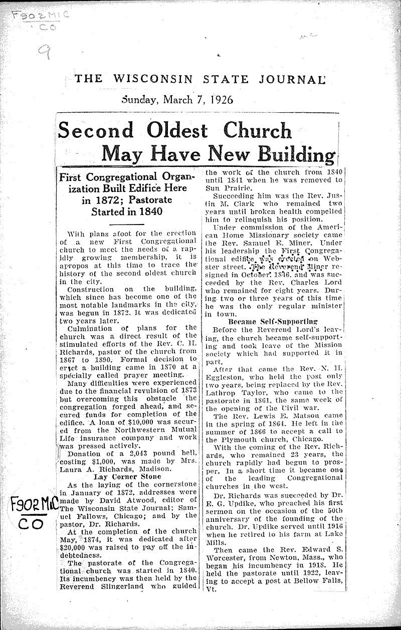  Source: Wisconsin State Journal Topics: Church History Date: 1926-03-07