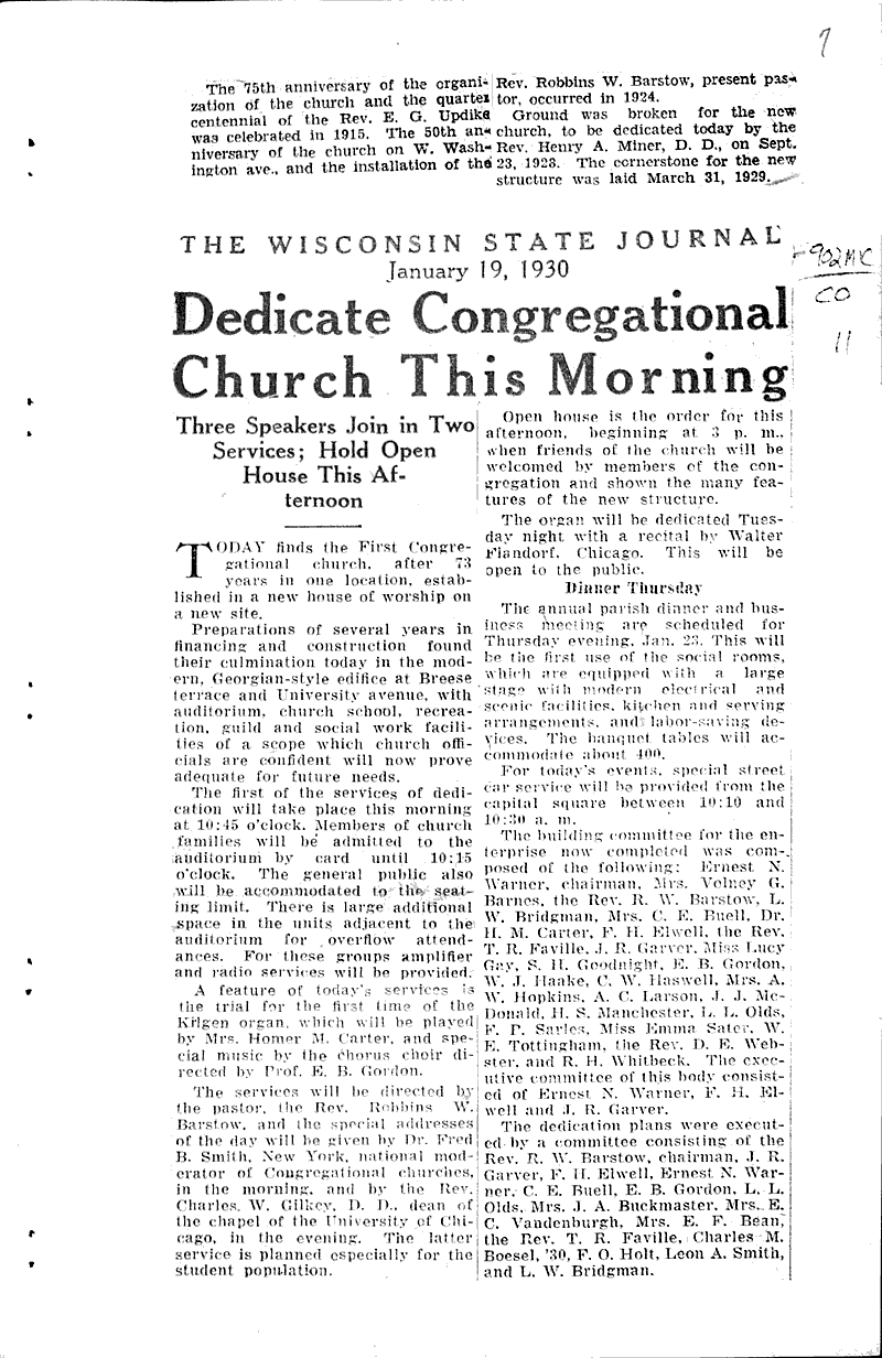  Source: Wisconsin State Journal Topics: Church History Date: 1930-01-19