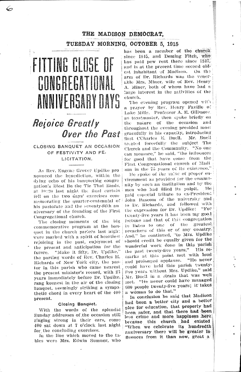 Fitting close of Congregational anniversary days Source: Madison Democrat Topics: Church History Date: 1915-10-05