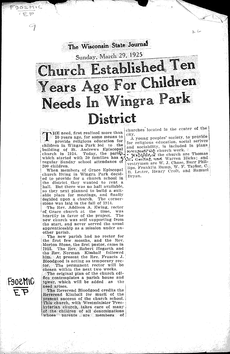  Source: Wisconsin State Journal Topics: Church History Date: 1925-03-29