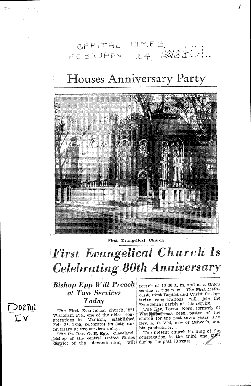  Source: Capital Times Topics: Church History Date: 1935-02-24