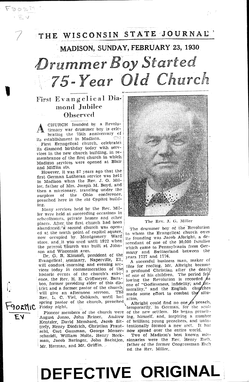  Source: Wisconsin State Journal Topics: Church History Date: 1930-02-23