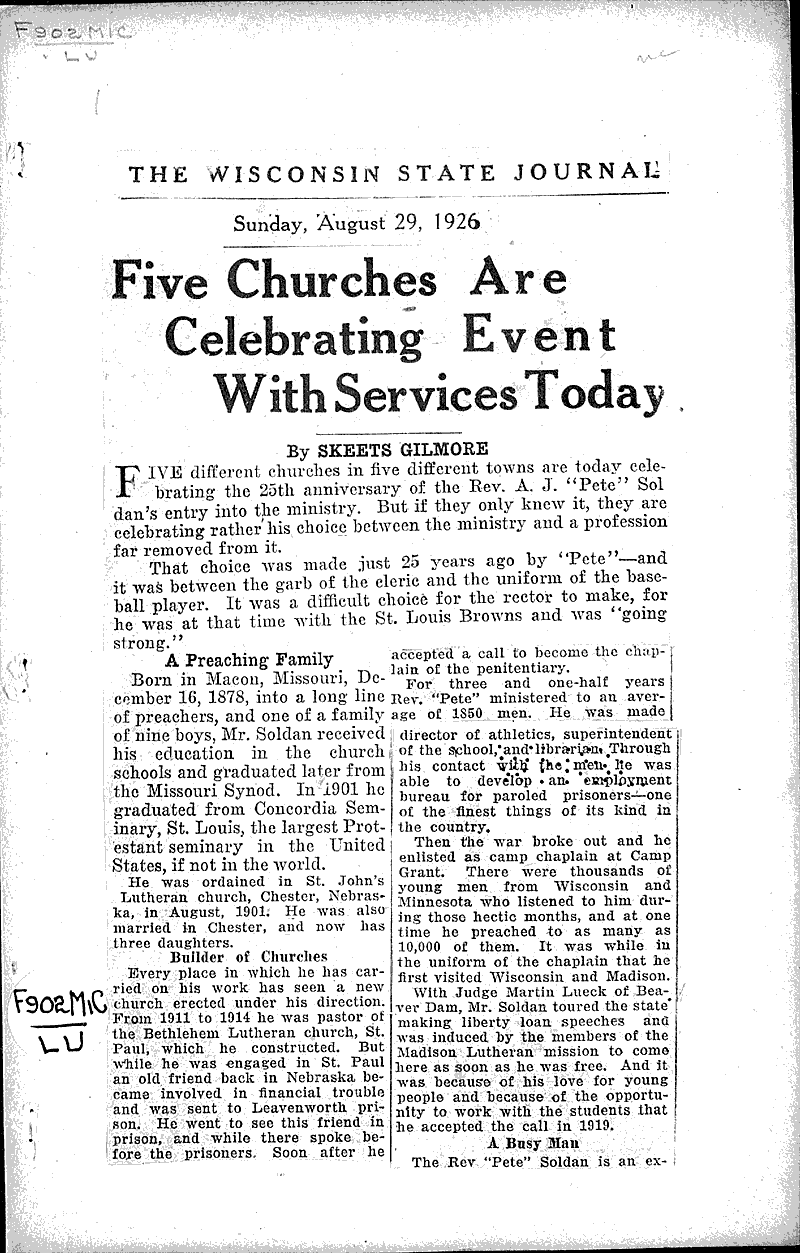  Source: Wisconsin State Journal Topics: Church History Date: 1926-08-29