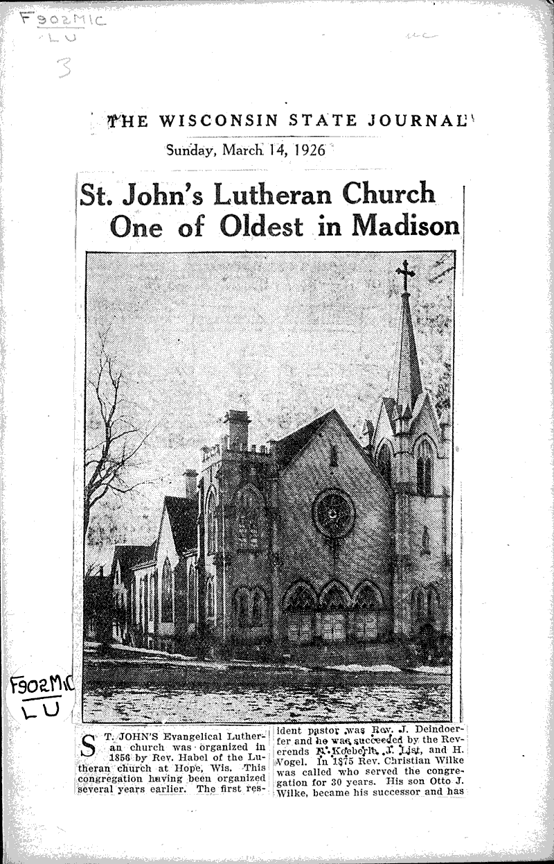  Source: Wisconsin State Journal Topics: Church History Date: 1926-03-14